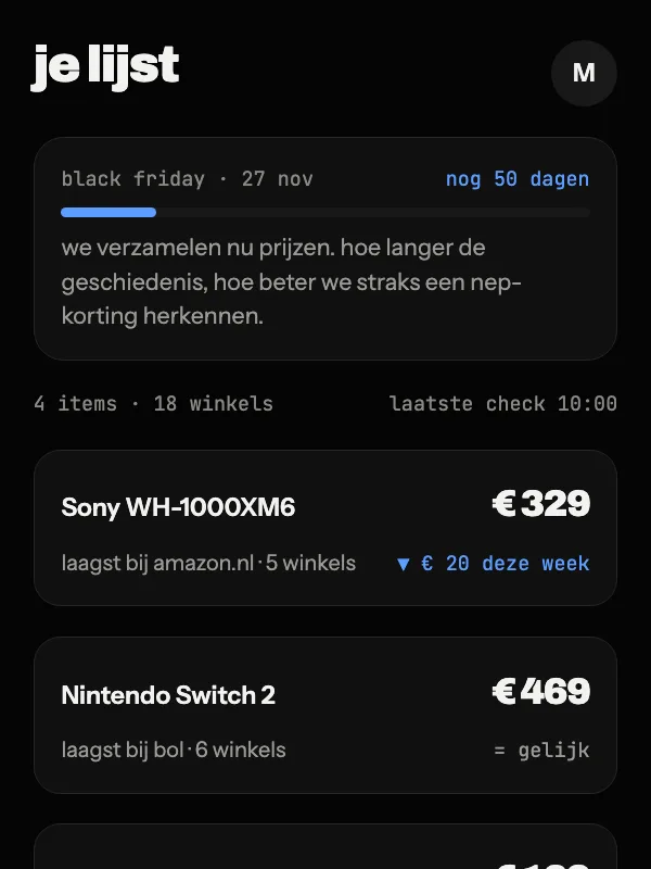 Ontwerp van prijswacht met voorbeeldprijzen: de lijst met een aftelling naar Black Friday, en per product de laagste prijs nu, bij welke winkel, en hoeveel hij deze week zakte.